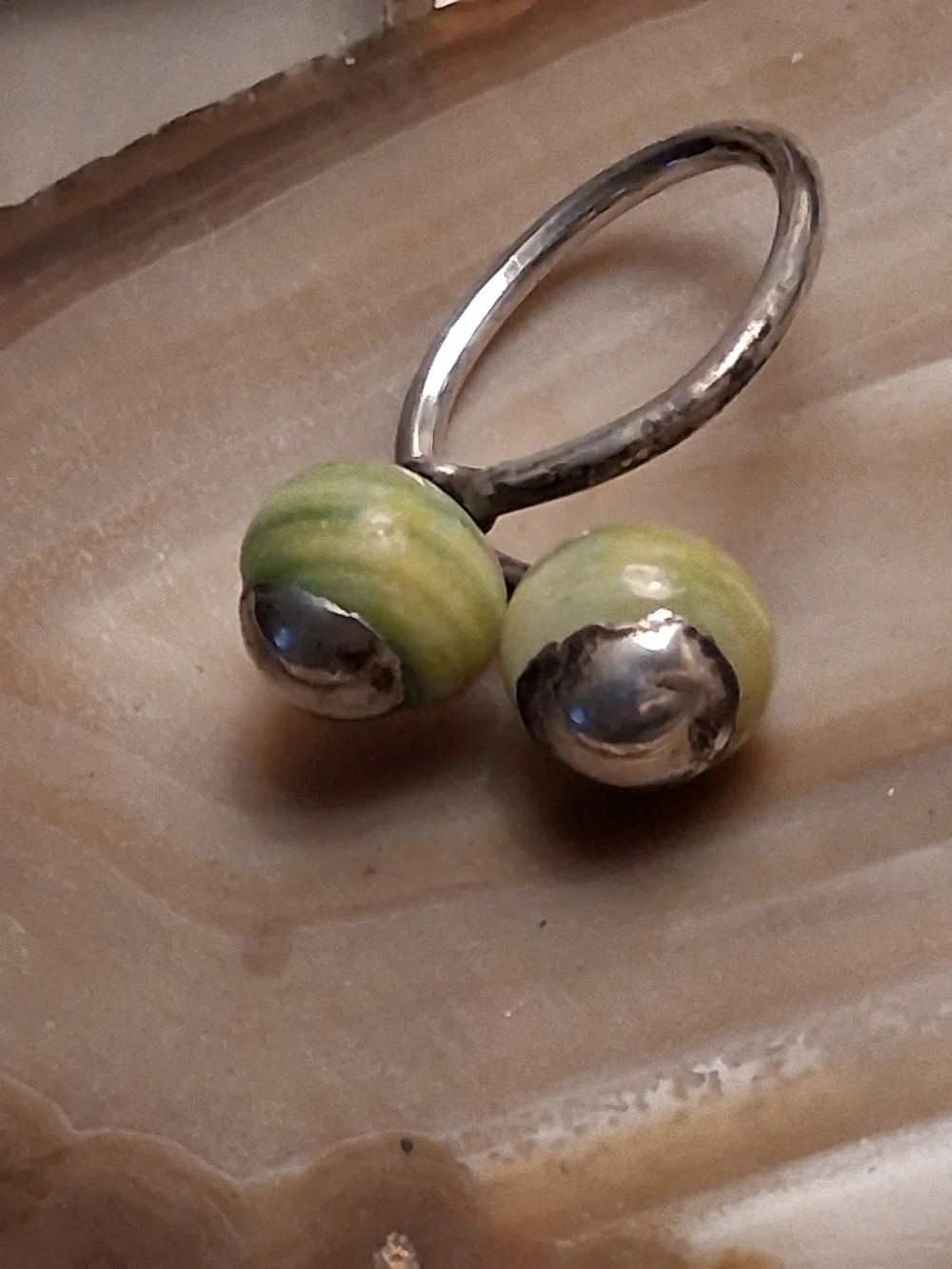 Vintage Silver Ring with Lime Green Glass Accents-Artisan
